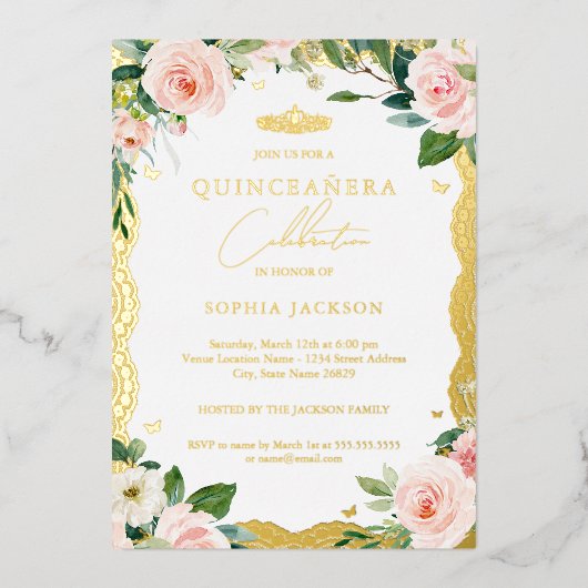Gold Lace Blush Pink Floral Quinceanera Folieneinladung (Vorderseite)