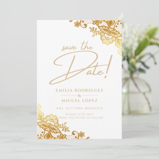GOLD LACE Budget All-in1 Wedding Save the Date Einladung (Stehend Vorderseite)