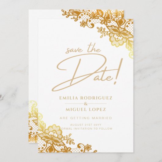 GOLD LACE Budget All-in1 Wedding Save the Date Einladung (Vorne/Hinten)
