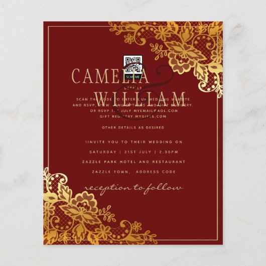Gold Lace Burgundy Wedding Einladungen Flyer (Hinten)