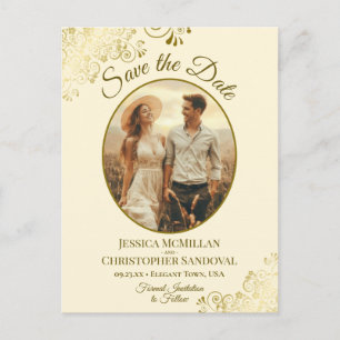 Gold Lace & Cream Wedding Save the Date Oval Foto Ankündigungspostkarte