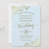 Gold Lace Elegante Calligraphy Powder Blue Wedding Einladung (Vorderseite)