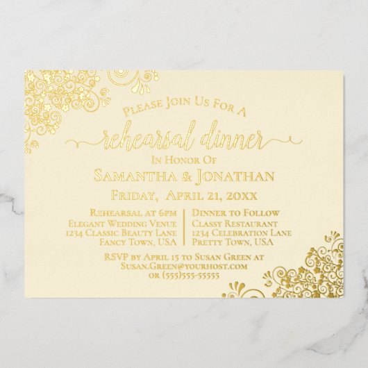 Gold Lace Elegante Cream Wedding Probe Dinner Folieneinladung (Vorderseite)