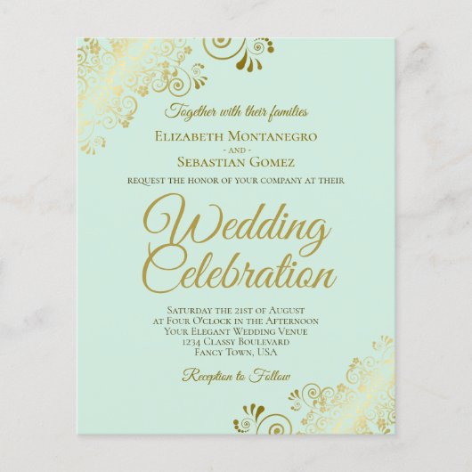 Gold Lace Elegante Mint BUDGET Hochzeit Einladung (Vorderseite)
