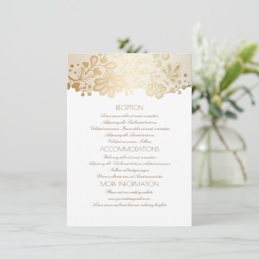 Gold Lace Elegante White Wedding Information Begleitkarte (Stehend Vorderseite)