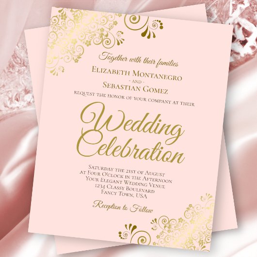 Gold Lace Elegantes rosa BUDGET Hochzeit Einladung