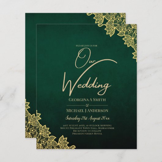 Gold Lace Emerald Green All-in-1 Wedding Einladung (Vorne/Hinten)
