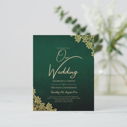 Gold Lace Emerald Green All-in-1 Wedding Einladung (Stehend Vorderseite)