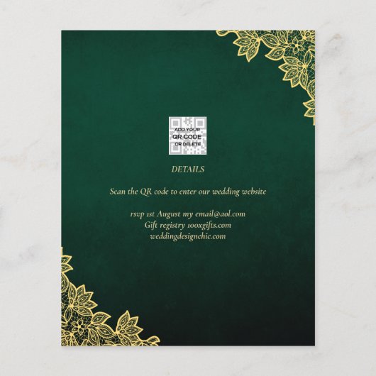 Gold Lace Emerald Green All-in-1 Wedding Einladung (Rückseite)