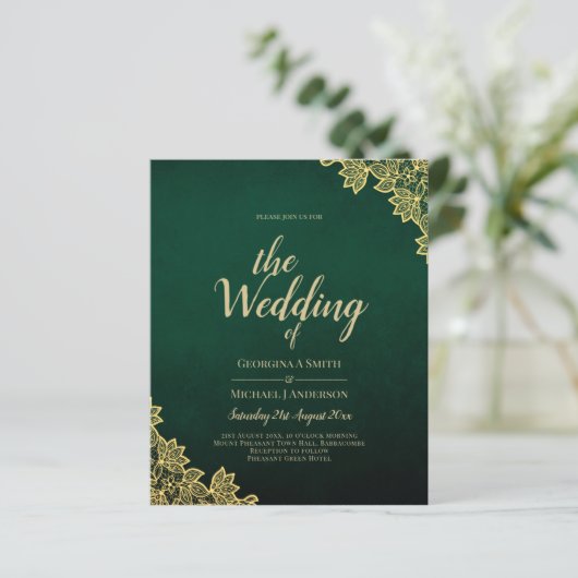 Gold Lace Emerald Green All-in-1 Wedding Einladung (Stehend Vorderseite)