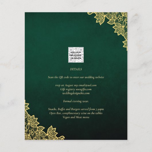 Gold Lace Emerald Green All-in-1 Wedding Einladung (Rückseite)