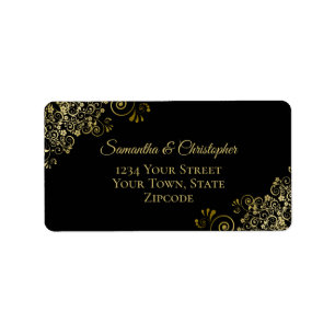 Gold Lace Frills auf Black Elegant Wedding Address Adressaufkleber