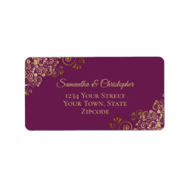 Gold Lace Frills on Cassis Purple Wedding Address Adressaufkleber