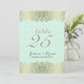 Gold Lace & Mint Green Wedding Tischnummer (Stehend Vorderseite)