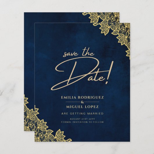 Gold Lace Navy Blue All-in-1 Wedding lädt QR Co. (Vorne/Hinten)