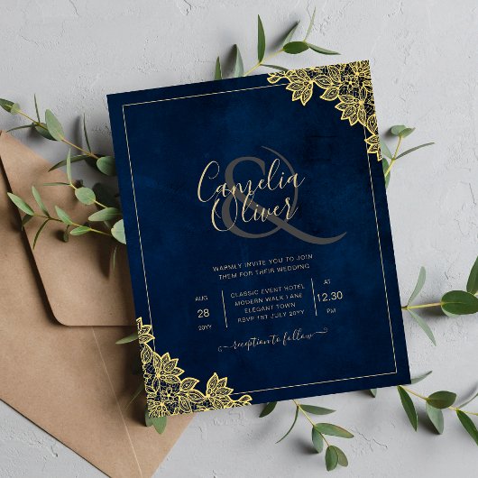 Gold Lace Navy Blue All-in-1 Wedding lädt QR Co.