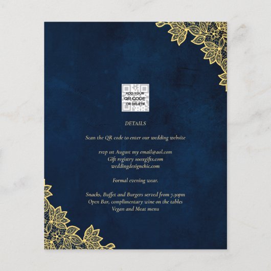 Gold Lace Navy Blue All-in-1 Wedding lädt QR Co. (Rückseite)