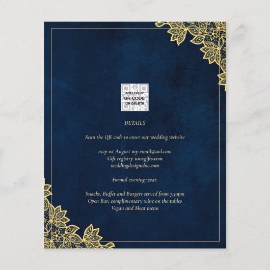 Gold Lace Navy Blue All-in-1 Wedding lädt QR Co. (Rückseite)