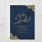 Gold Lace Navy Blue All-in-1 Wedding lädt QR Co. Einladung (Vorderseite)
