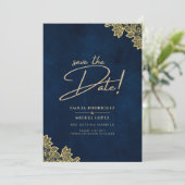 Gold Lace Navy Blue All-in-1 Wedding lädt QR Co. Einladung (Stehend Vorderseite)