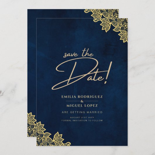 Gold Lace Navy Blue All-in-1 Wedding lädt QR Co. Einladung (Vorne/Hinten)