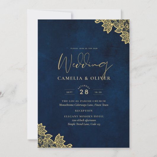 Gold Lace Navy Blue All-in-1 Wedding lädt QR Co. Einladung (Vorderseite)