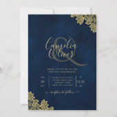 Gold Lace Navy Blue All-in-1 Wedding lädt QR Co. Einladung (Vorderseite)