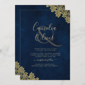 Gold Lace Navy Blue All-in-1 Wedding lädt QR Co. Einladung (Vorne/Hinten)