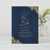 Gold Lace Navy Blue All-in-1 Wedding lädt QR Co. Einladung (Stehend Vorderseite)