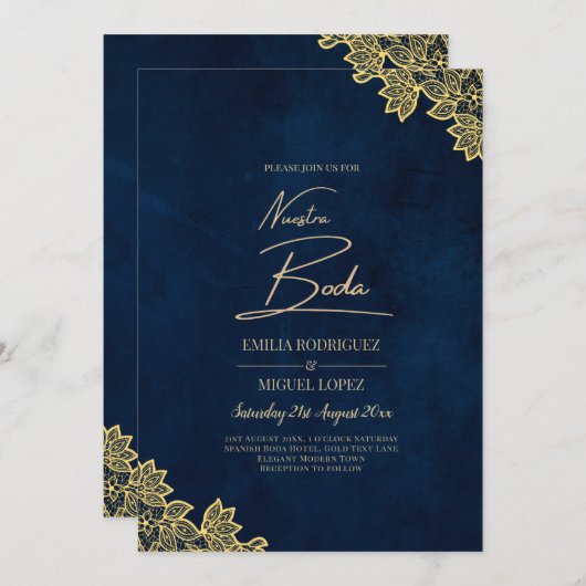 Gold Lace Navy Blue All-in-1 Wedding lädt QR Co. Einladung (Vorne/Hinten)