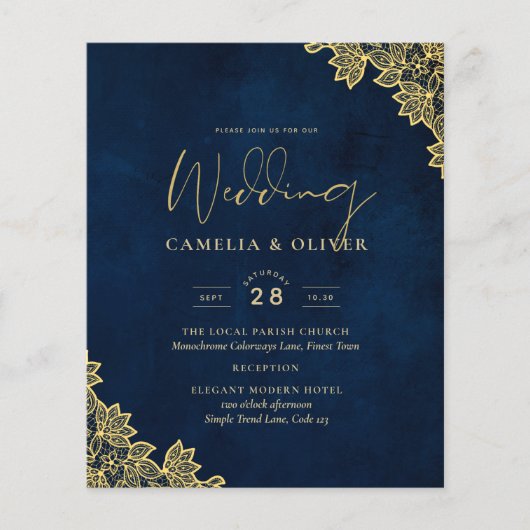 Gold Lace Navy Blue All-in-1 Wedding lädt QR Co. Flyer (Vorne)