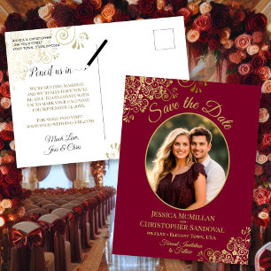 Gold Lace on Maroon Wedding Save the Date Photo Ankündigungspostkarte