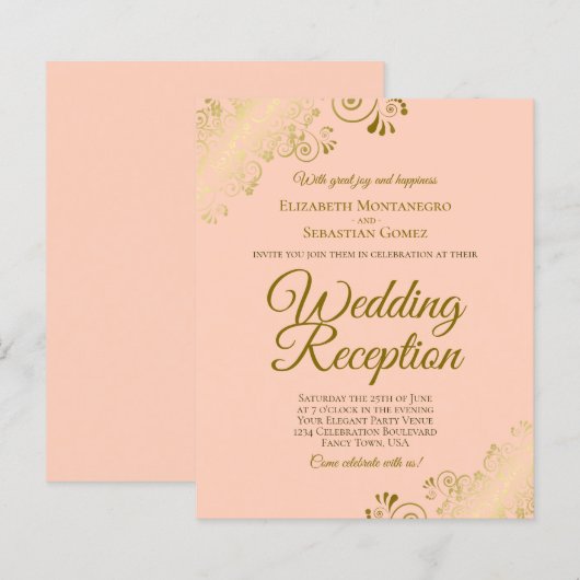 Gold Lace on Peach Wedding Reception BUDGET Einlad (Vorne/Hinten)