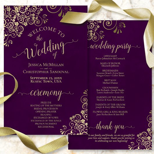 Gold Lace on Plum Lila Budget Wedding Program