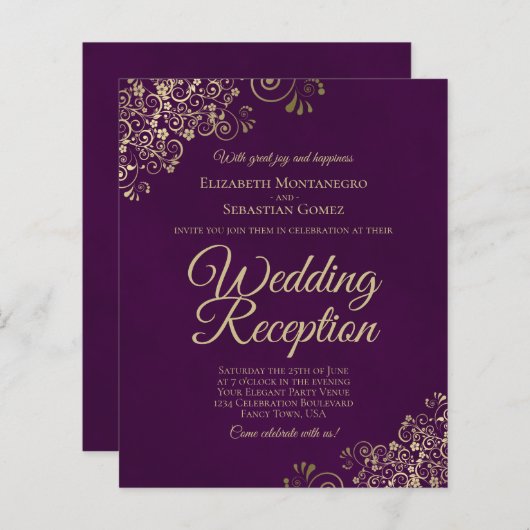 Gold Lace on Plum Wedding Reception BUDGET Einladu (Vorne/Hinten)