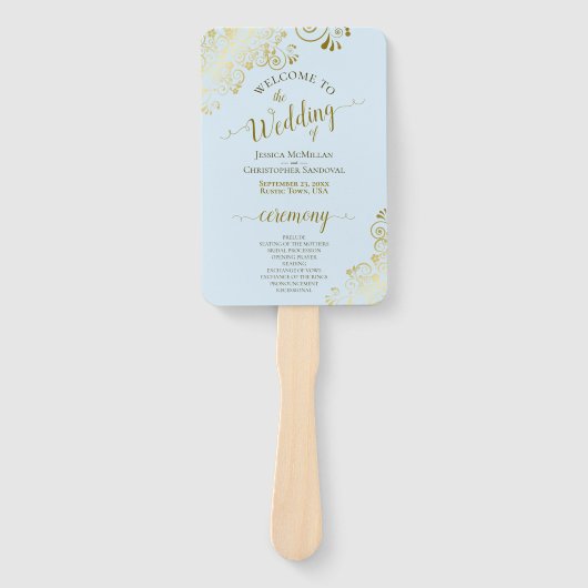 Gold Lace on Powder Blue Elegante Wedding Program Fächer (Vorderseite)