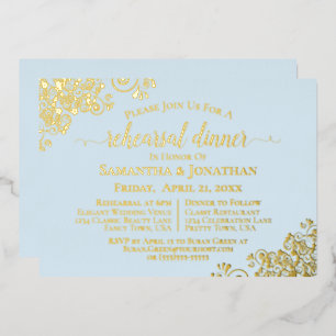 Gold Lace on Powder Blue Wedding Probe Dinner Folieneinladung