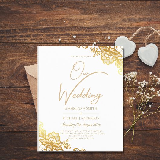 Gold Lace White Wedding Einladung Classic Elegant