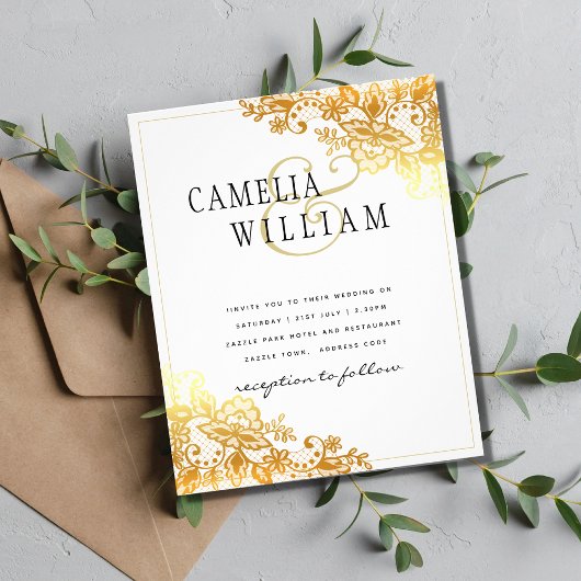 Gold Lace White Wedding Einladung Classic Elegant Flyer