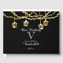 Gold Lantern Lights auf Black Wedding Guest Book Gästebuch