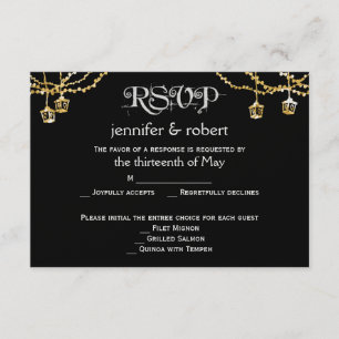 Gold Lantern Lights auf Black Wedding Response Car RSVP Karte