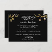 Gold Lantern Lights auf Black Wedding Response Car RSVP Karte (Vorne/Hinten)