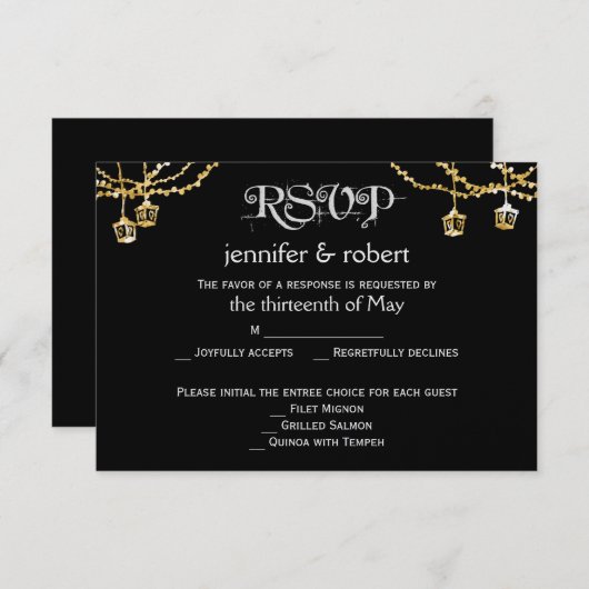 Gold Lantern Lights auf Black Wedding Response Car RSVP Karte (Vorne/Hinten)