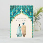 Gold Lanterns Aquamarines Indisches Paar Hochzeit Einladung (Stehend Vorderseite)