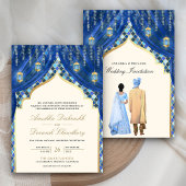 Gold Lanterns Blue Indian Couple Wedding Einladung