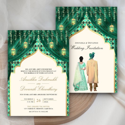 Gold Lanterns Emerald Green Indian Couple Wedding Einladung