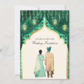 Gold Lanterns Emerald Green Indian Couple Wedding Einladung (Vorderseite)