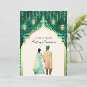 Gold Lanterns Emerald Green Indian Couple Wedding Einladung (Stehend Vorderseite)