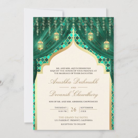 Gold Lanterns Emerald Green Indian Couple Wedding Einladung (Rückseite)