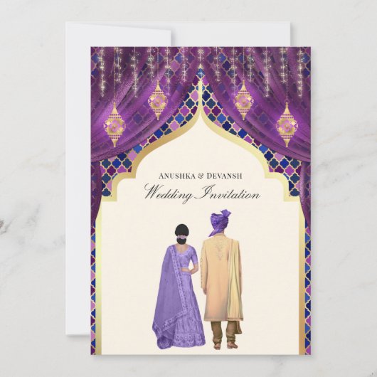 Gold Lanterns Lila Indisches Paar Hochzeit Einladung (Vorderseite)